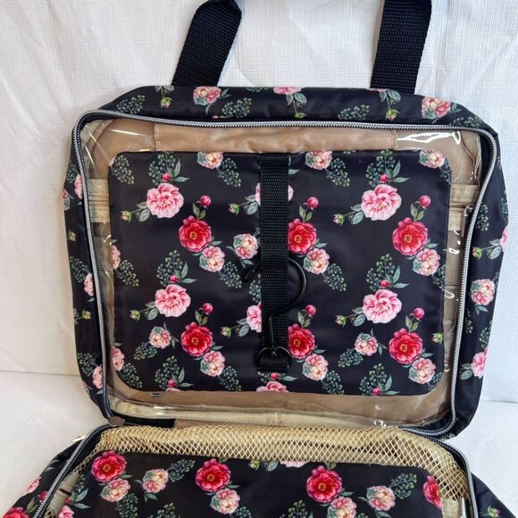 Clearlove NWT Black Floral Print Zip Travel Hanging Toiletry Bag College Dorm - Picture 5 of 9